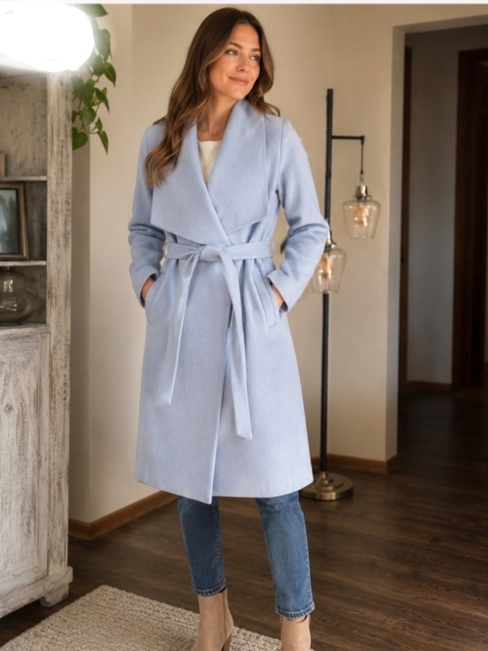 Cole Haan Light Blue Wrap Pea Coat with Belt
